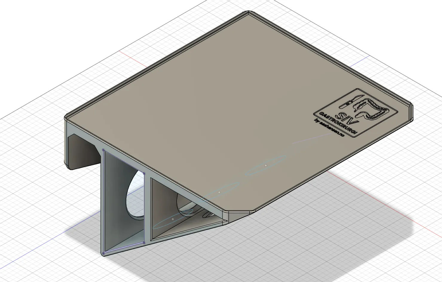 3D model of a side table for the surgeon console, with an engraved logo